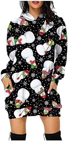 NOKMOPO Noel Elbise Kadınlar için Moda Rahat Noel Baskı Cep Uzun Kollu Hoodie Kazak Orta Uzunlukta Elbise