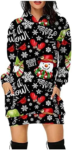 NOKMOPO Noel Elbise Kadınlar için Moda Rahat Noel Baskı Cep Uzun Kollu Hoodie Kazak Orta Uzunlukta Elbise