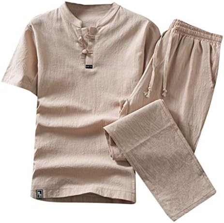 Erkek Rahat Düz Eşofman 2 Parça Pamuk Keten Kıyafetler Setleri Kısa Kollu Gömlek Uzun Pantolon Artı Boyutu Pijama
