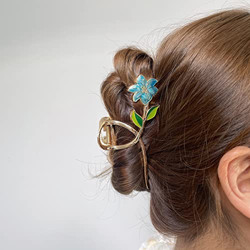 2 Adet Çiçek Saç Tokası Kadınlar için Bahar saç aksesuarları Büyük Kaymaz Metal Beyaz ve mavi Çiçek Yaprak Tasarımları