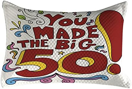 Ambesonne 50th Doğum Günü Kapitone Yastık Kılıfı, Renkli Çiçek Tasarım Eğlenceli Karikatür Ekran ve Parti Mesajı
