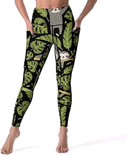 BAİKUTOUAN Sevimli Tembel Hayvanlar ve Tropikal palmiye Yaprakları Yüksek Belli Yoga Pantolon Egzersiz Tayt Kadınlar