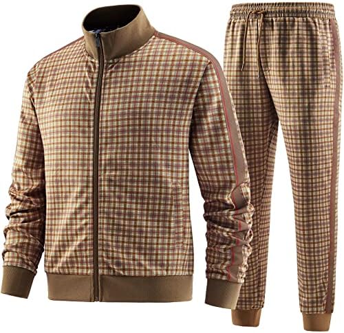 W JIANWANG erkek Eşofman Tam zip Uzun Kollu Ekose Koşu Setleri Aktif Ceket ve Pantolon 2 Parça Kıyafetler