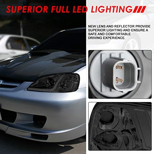 L-LED DRL Projektör Far Lambaları ile Uyumlu Honda Civic Coupe / Sedan 2001-2003, Sürücü ve Yolcu Tarafı, füme Lens