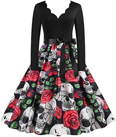 Bayan 1950s Vintage Salıncak Elbiseler Cadılar Bayramı Kafatası Baskı Rockabilly Kokteyl Parti Elbisesi İnce Midi