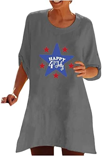 QCEMEN 4th Temmuz Tunik Üstleri Kadınlar için Pamuk Keten 3/4 Kollu T Shirt Bağımsızlık Günü Gömlek Yaz Düzensiz