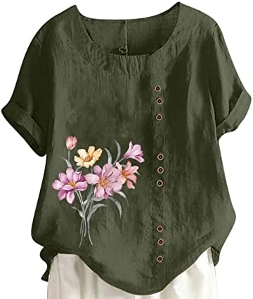 Pamuk Keten T-Shirt kadın Yaz Artı Boyutu Üstleri Çiçek Baskı Kısa Kollu Düğme Tees Ekip Boyun Bluzlar