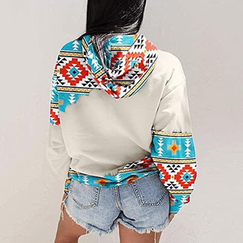 Batı Aztek Hoodies Tişörtü Kadınlar için Hafif Uzun Kollu Kazak Tops Vintage Kapüşonlu Sweatshirt Cep ile