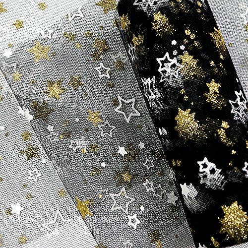 Yuanchuan Altın Yıldız Glitter Tül Rolls 6 inç x 10 Metre (30 feet) siyah Tül Rolls Biriktirme Kumaş Tutu DIY Etekler