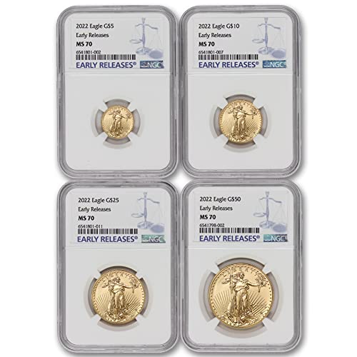 2022 Mint State Gold tarafından (4) Gold American Eagles MS-70 (Erken Sürümler) Seti $5 $ 10 $ 25 $50 MS70 NGC