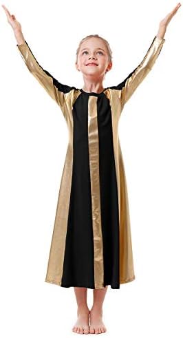 IBAKOM Kızlar Metalik Altın Övgü Dans Elbise Elbiseler Liturjik Kilise Gevşek Fit Tam Boy Renk Bloğu İbadet Giyim