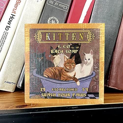 Retro Banyo Kediler Ahşap Kutu İşareti masa süsü Plak Kitten & Co. Banyo Sabunu Yıkama Pençeleri Ahşap kutu İşareti