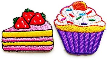 2 Küçük Set. Mini tatlı ekmek Cupcake ve çilek dilim kek işlemeli aplike rozet işareti yama giyim vb demir dikmek.