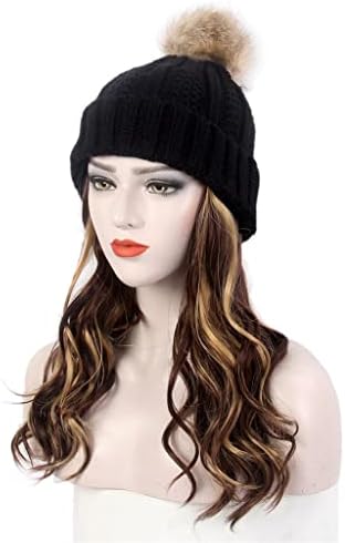 TJLSS Moda Bayan Saç Şapka Bir Siyah Örme Şapka Peruk Uzun Kıvırcık Vurgulama Kahverengi Peruk Artı Şapka Bir