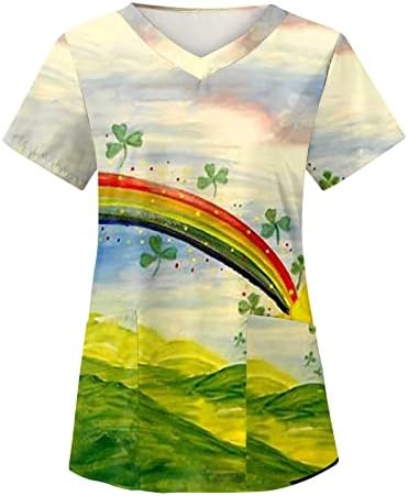 Aziz patrick Günü Bayan V Yaka Scrub_Top Sevimli Yeşil Baskı İş Giysisi Üniforma Tatil Gömlek Kısa Kollu Tunik Bluz