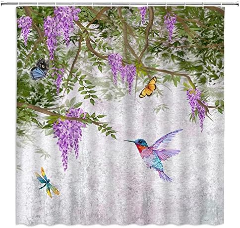 HYKHYK Hummingbird Duş Perdesi Mor Çiçek Asma Çiçek Kelebek Kuş Ağlayan Wisteria Yeşil Yaprak Bahar Bahçe Ev Dekor