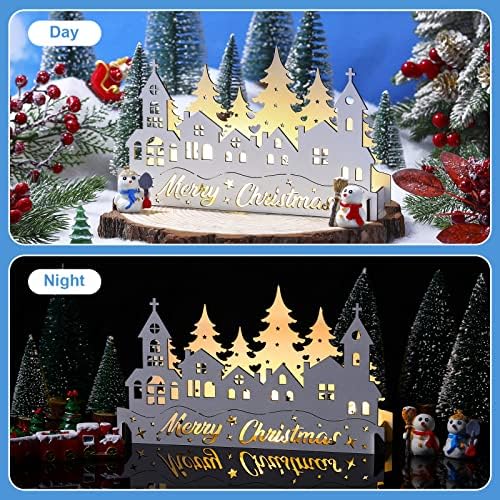 Sawysine Ahşap Noel Köyü Setleri Beyaz Evler Ağacı led ışık Masa Dekor Çiftlik Evi Kış Sahne Masaüstü Süs Noel Tatil