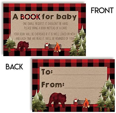 Açık Havada Kırmızı ve Siyah Ekose Oduncu, Erkek Bebek Duşları için “Kitap Getir” Kartları, AmandaCreation tarafından