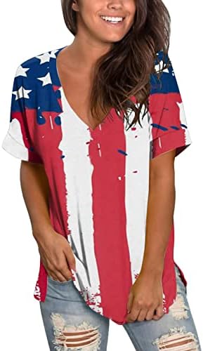 4th Temmuz Tişörtleri Gömlek Kadınlar için Kısa Kollu V Yaka Gömlek Amerikan Bayrağı Yıldız Çizgili Kravat Boya Gömlek