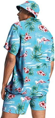 Babioboa Erkek Hawaii Gömlek Setleri 2 Parça Düğme Aşağı Plaj Kıyafetleri Tropikal Aloha Baskı Kıyafet Kova Şapka
