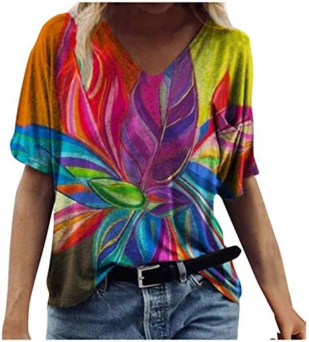 Bayan Artı Boyutu Üstleri Yaz 2023 Çiçek Baskı Gömlek Egzersiz Rahat T Shirt Kısa Kollu Tunikler V Boyun Henley Bluz