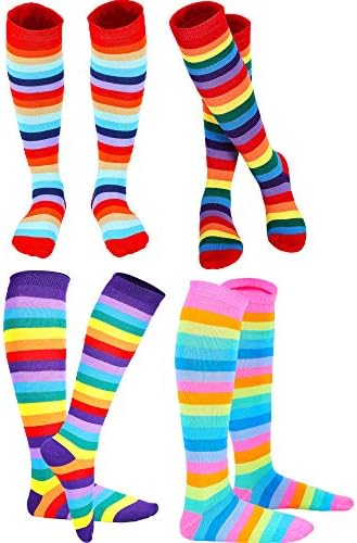 SATİNİOR 4 Pairs Gökkuşağı diz çorap Kadınlar Renkli Çizgili Yüksek Çorap Kızlar Uyluk Yüksek Çorap