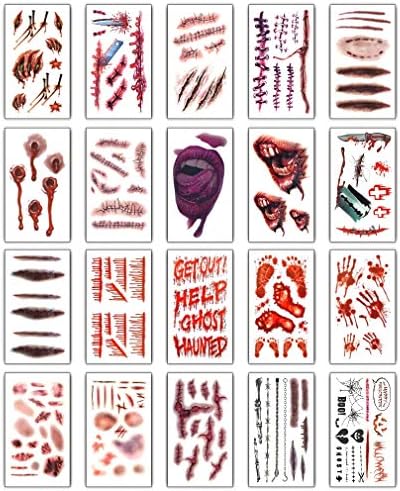 20 Paket Çeşitli Cadılar Bayramı Geçici Dövmeler Yüz Boyun Göğüs Sticker, zombi Kan Lekeleri Yara Dikiş İzleri Dövmeler
