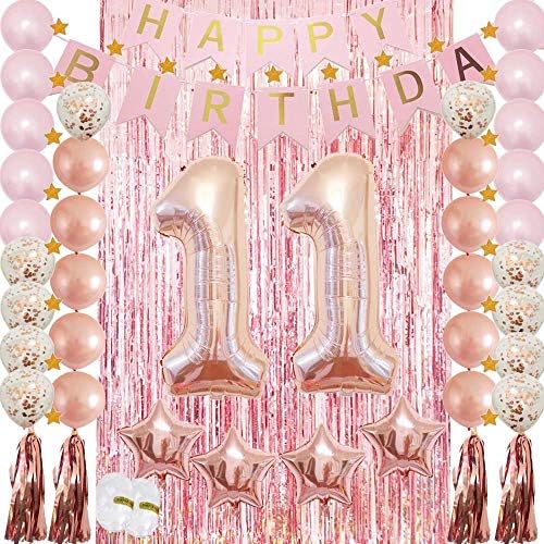 kızlar için 11th Doğum Günü Süslemeleri Parti Malzemeleri-Konfeti Lateks Balon, Folyo Mylar Yıldız, Püskül Çelenk,