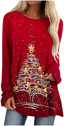 Kadın Noel Tunik Üstleri, 2022 Noel Ağacı Baskı Crewneck Uzun Kollu Gömlek Yumuşak Rahat Tunik Bluz Tops