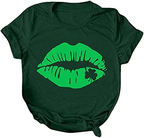 Dudaklar Seksi İrlandalı Shamrock Yeşil St Patrick Günü T-Shirt Bayan Crewneck Kısa Kollu Gömlek Sevimli Yonca Dudak
