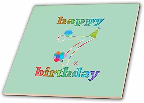 3dRose 7. Doğum Günün Kutlu Olsun, Mumlu Kek, Balonlar, Şapka, Renkli Fayanslar (ct_350732_1)